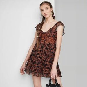 Wild Fable Butterfly V-Neck Mini Dress in Burnt Orange and Black